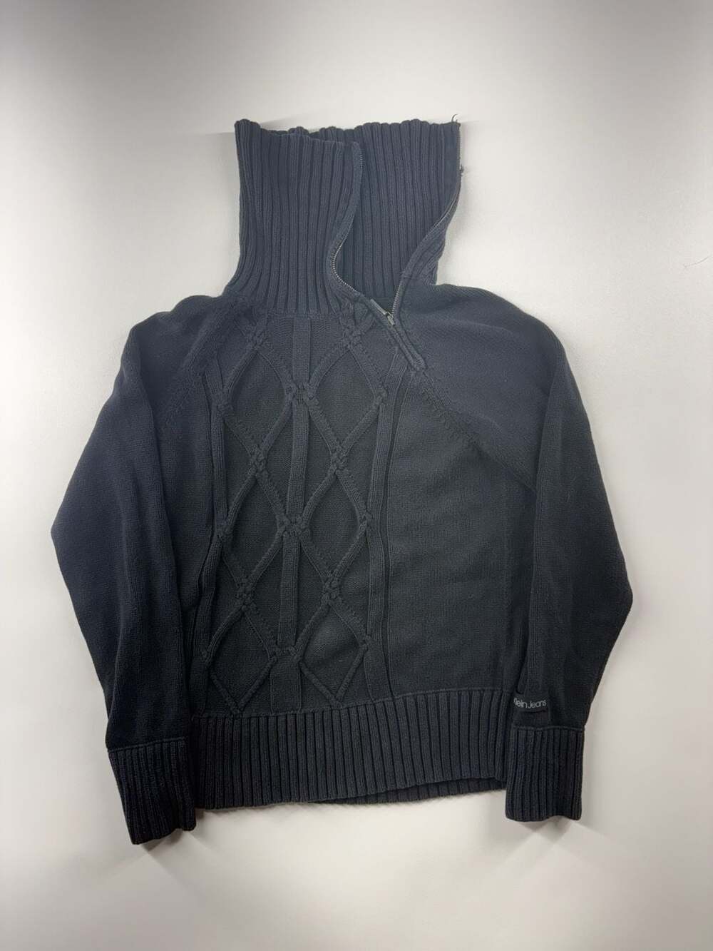 Calvin Klein Jeans Black Turtleneck Cable Knit Zip Sweater Size L